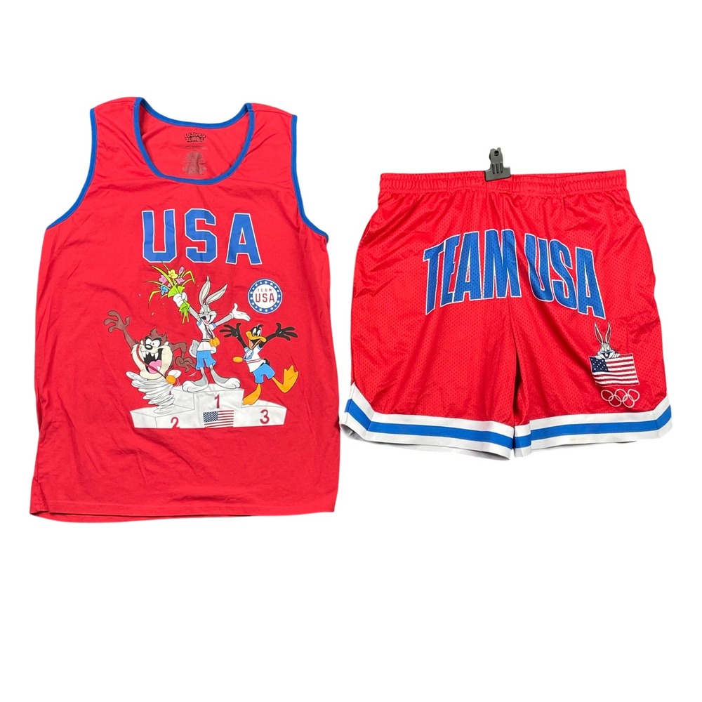 Looney Tunes Pajama Set Mens XXL/XL Red Team USA Bugs Bunny Daffy Taz 2pc Tank